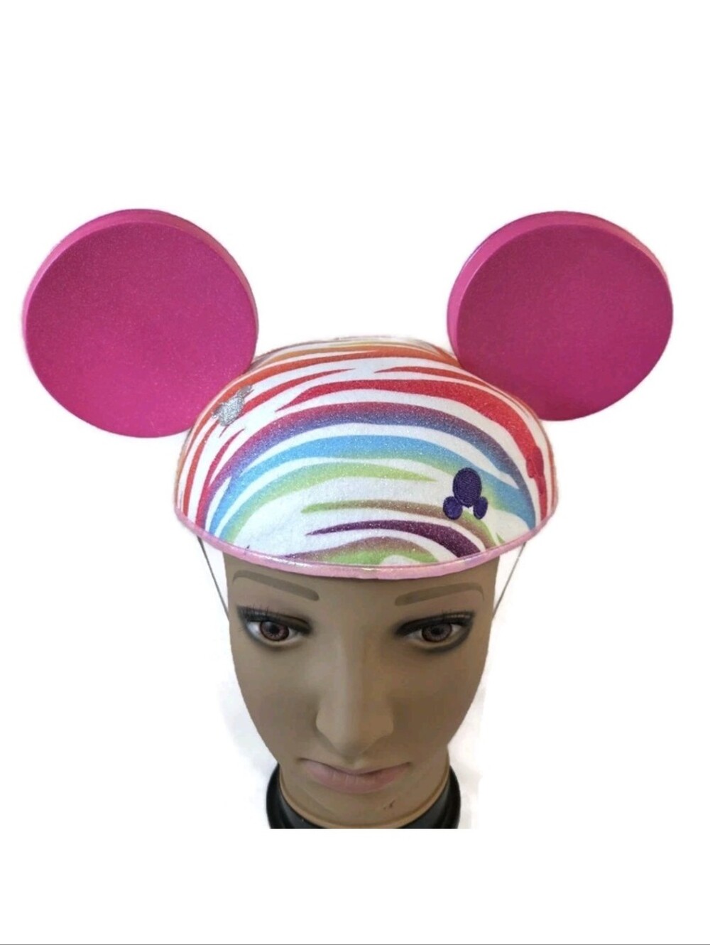 Walt Disney World Mickey Mouse Ears Hat Rainbow Glitter Zebra Stripe (Adult OS)